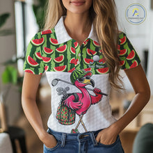 Load image into Gallery viewer, Golfing Flamingo Womens Funny Golf Polo Shirt Custom Green Pattern Watermelon Golf Ball Clothes Shirts NHT740
