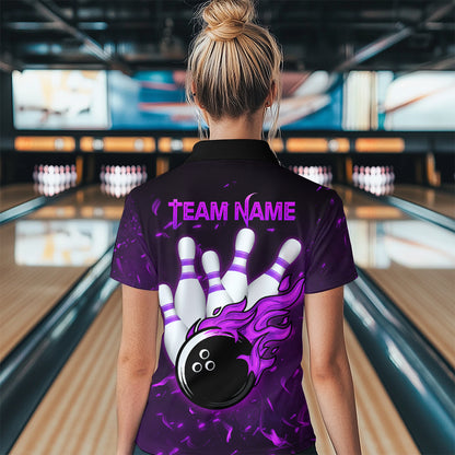 Personalized Purple Bowling Jersey Men Women Flame Bowling Polo Shirt Bowling Shirt BDT424