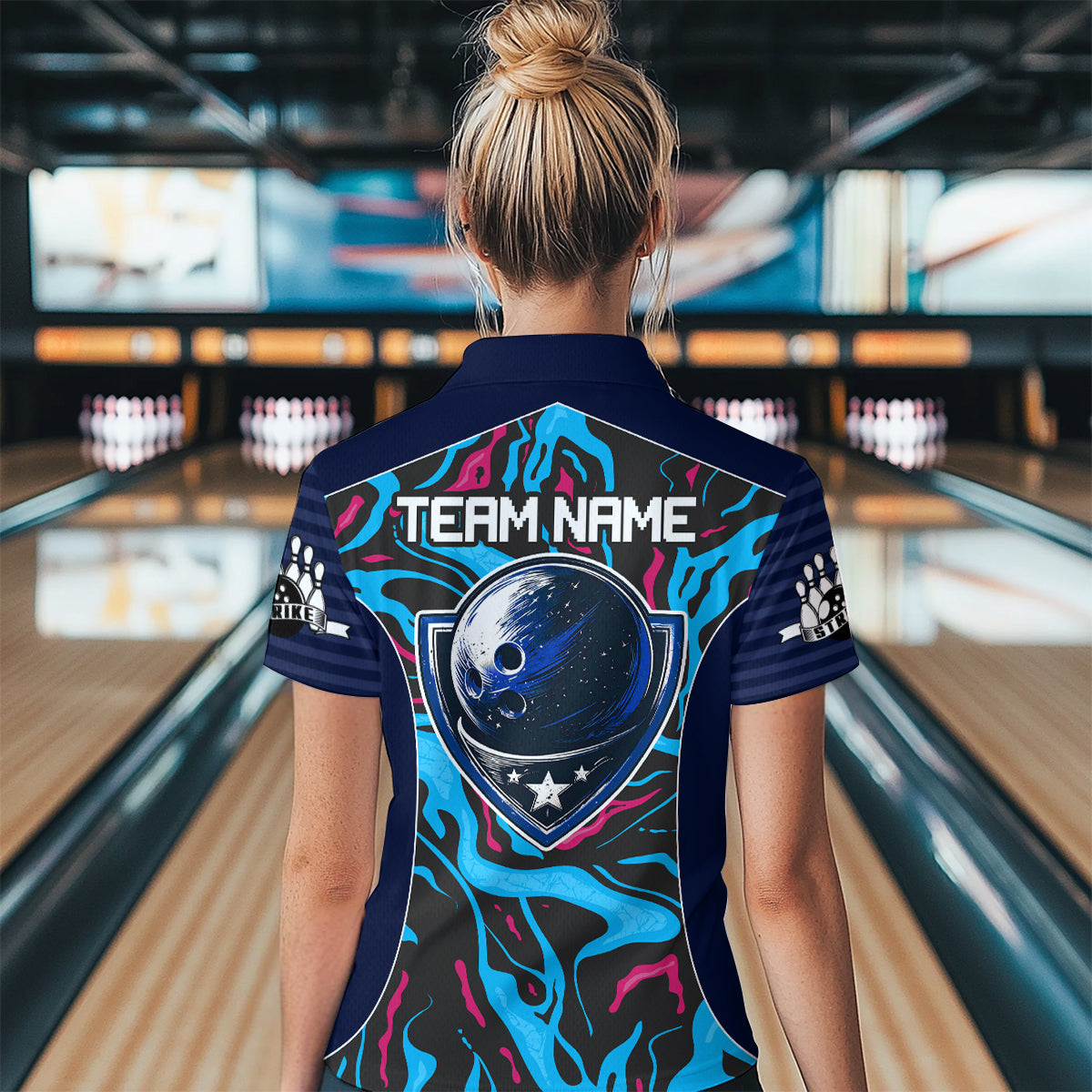 Custom Camo Pink & Teal Bowling Jersey Bowling Team League Polo Shirt for Men Women QZT665