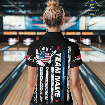 American Flag Bowling Custom Women Bowling Shirt Polo & Quarter-Zip Bowling Team Jerseys HNT54