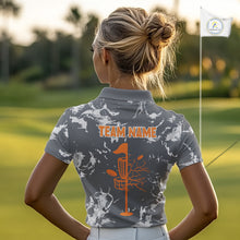Load image into Gallery viewer, Gray Camo Orange Disc Golf basket Womens Disc golf polo shirt Custom team disc golf jerseys NQS9975