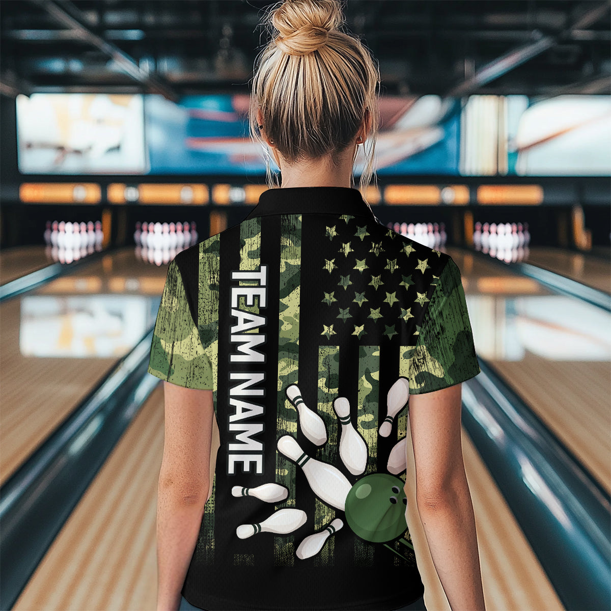 Personalized Camouflage Bowling Shirt for Men Women American Flag Polo Bowling Team Jersey QZT678