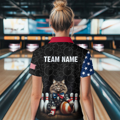 Personalized Patriotic Cat Bowling Shirt Polo American Bowling Jersey for Men Women QZT673