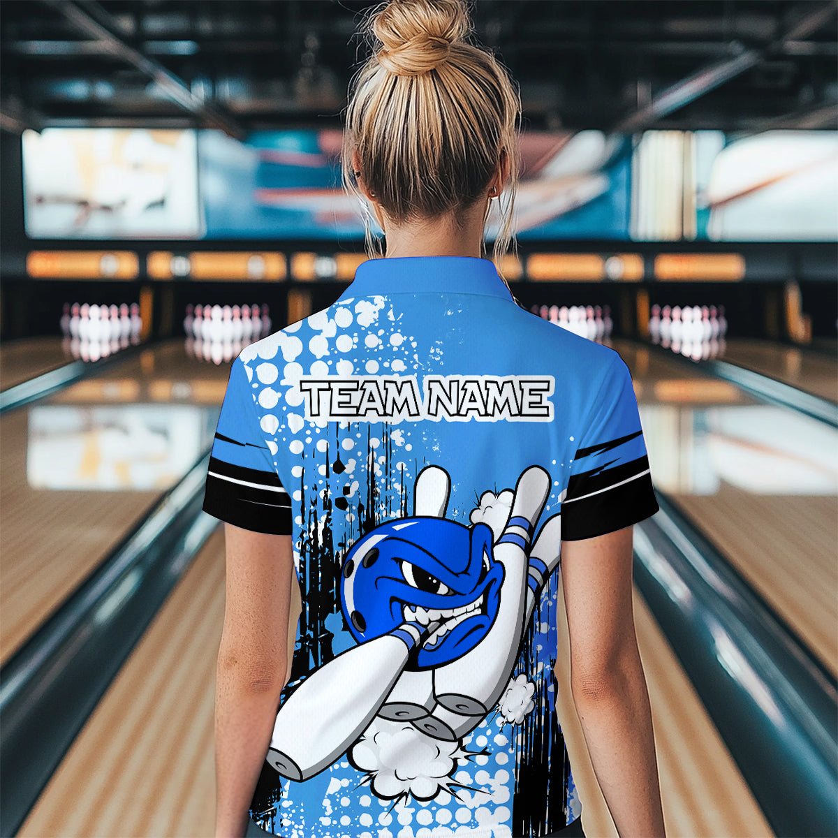 Personalized Blue Funny Crazy Bowling Shirt for Women Polo & Quarter-Zip Bowling Jersey with Team HNT03