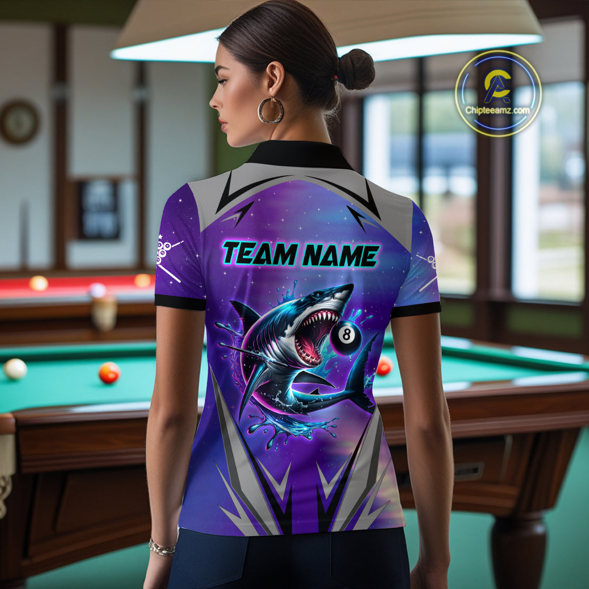 Personalized Shark 8 Ball Pool Billiard Shirt For Women Custom Purple Blue Billiard Team Jersey TDM4367