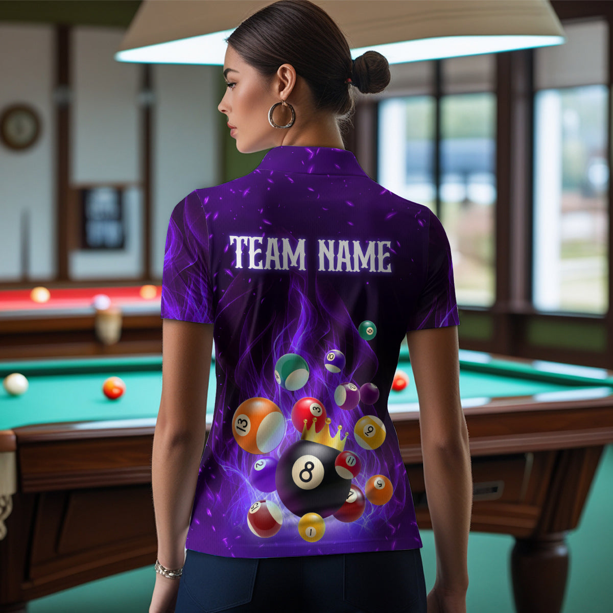 Purple Flaming Billiards Shirt 8 Ball Billiards Shirt Women Polo Shirts & 1/4 Zip NNT08
