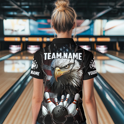 US Flag Eagle Bowling Shirt for Women Personalized Polo & Quarter-Zip Team Bowling Jersey with Team HNT02