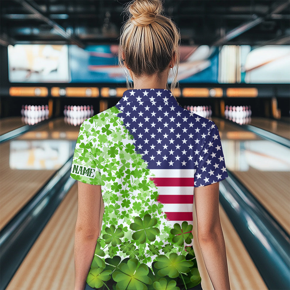 American flag St Patrick day shamrock pattern custom Team Bowling Polo, Quarter Zip shirt for Women NQS9581