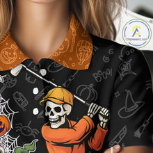Load image into Gallery viewer, Halloween Skull Playing Golf Women Golf Polo Shirt Custom black &amp; orange Halloween mens golf outfit NQS10341
