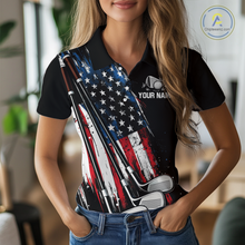 Load image into Gallery viewer, Black American Flag Golf Clubs Women Golf polo shirts custom team name patriotic ladies golf outfit NQS9871