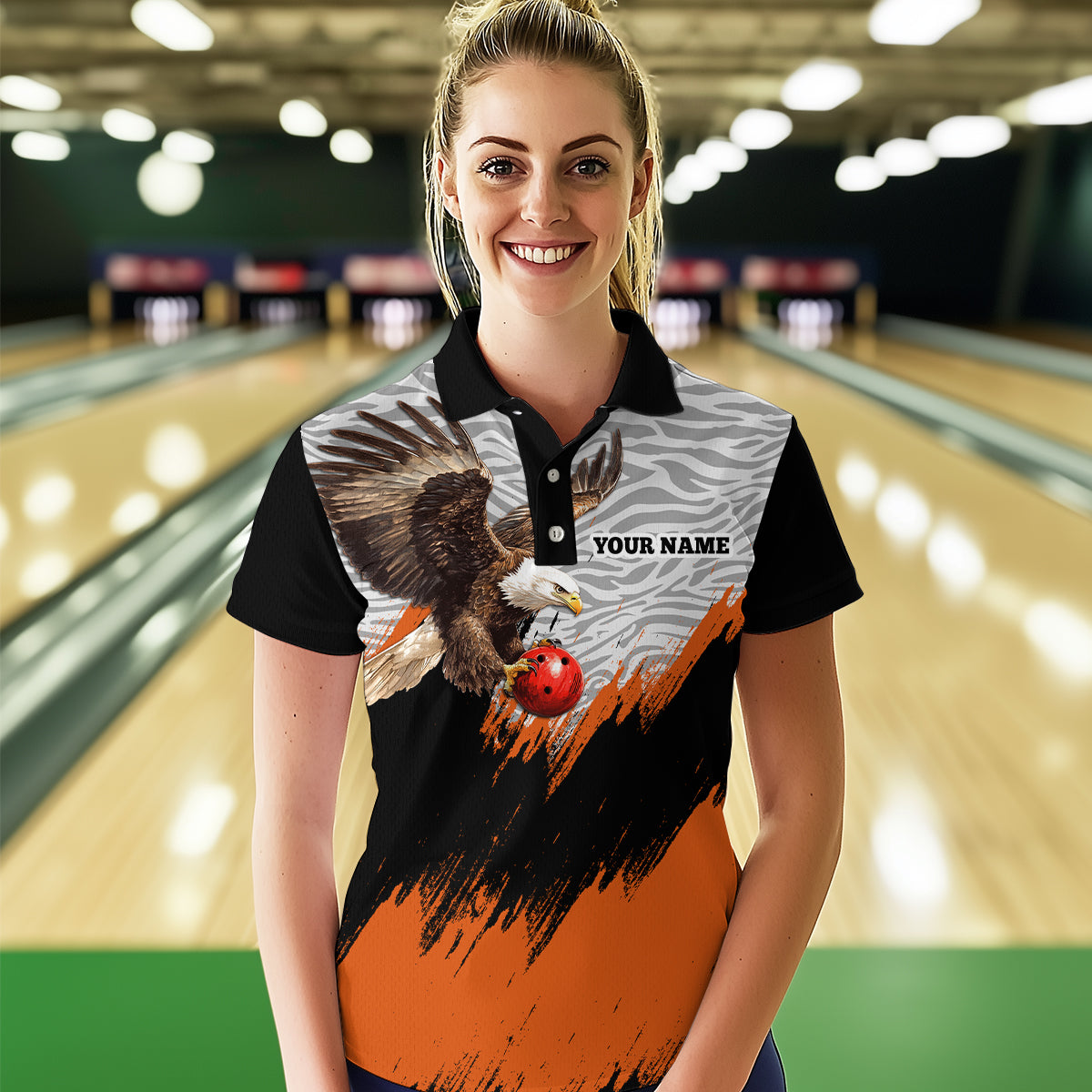 Custom Name Orange Eagle Bowling Shirt Bowling Jersey for Women Polo & 1/4 Zip Shirt Team League HNT07