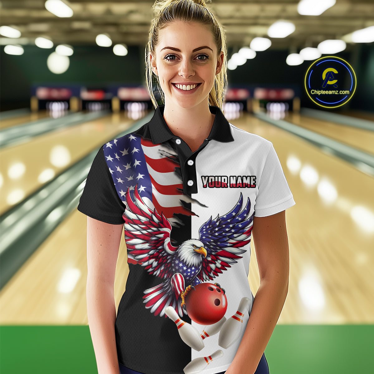 American Eagle Polo Bowling Shirt Custom Black & White Bowling Jersey for Men And Women QZT686
