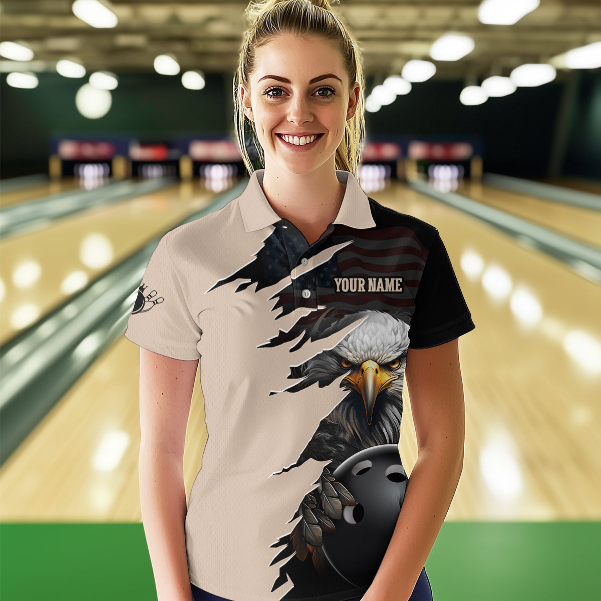 US Flag Eagle 3D Bowling Shirt for Women Custom Name Polo & Quarter-zip Bowling Jersey with Team HNT05