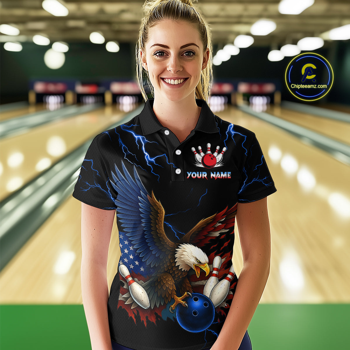 Blue Thunder US Flag Eagle Bowling Shirts for Women Team Bowling Polo & Quarter-Zip HNT96