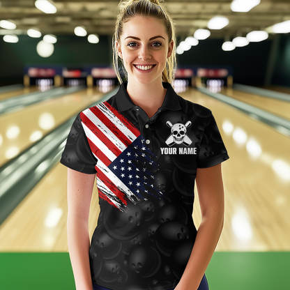 Skull US Flag Bowling Shirt for Women Personalized Patriotic Bowling Team Jersey Shirts Polo & Quarter-Zip HNT31