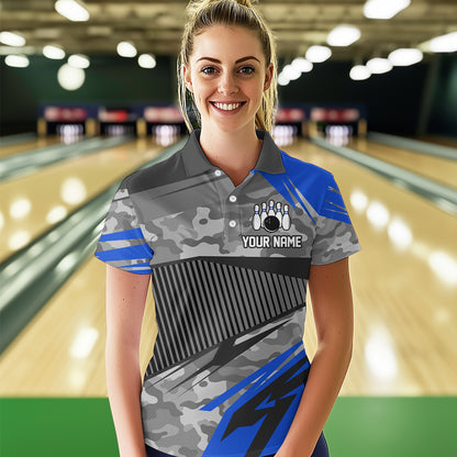 Blue Camo Bowling Shirts for Women Men Custom Team Bowling Polo & 1/4 Zip Shirt MBL61
