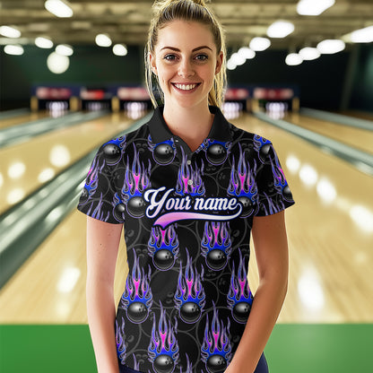 Black Bowling Ball Camo Blue Flame Bowling Polo, 1/4 Zip Shirt for Women Custom Bowling Team Jersey NQS9480