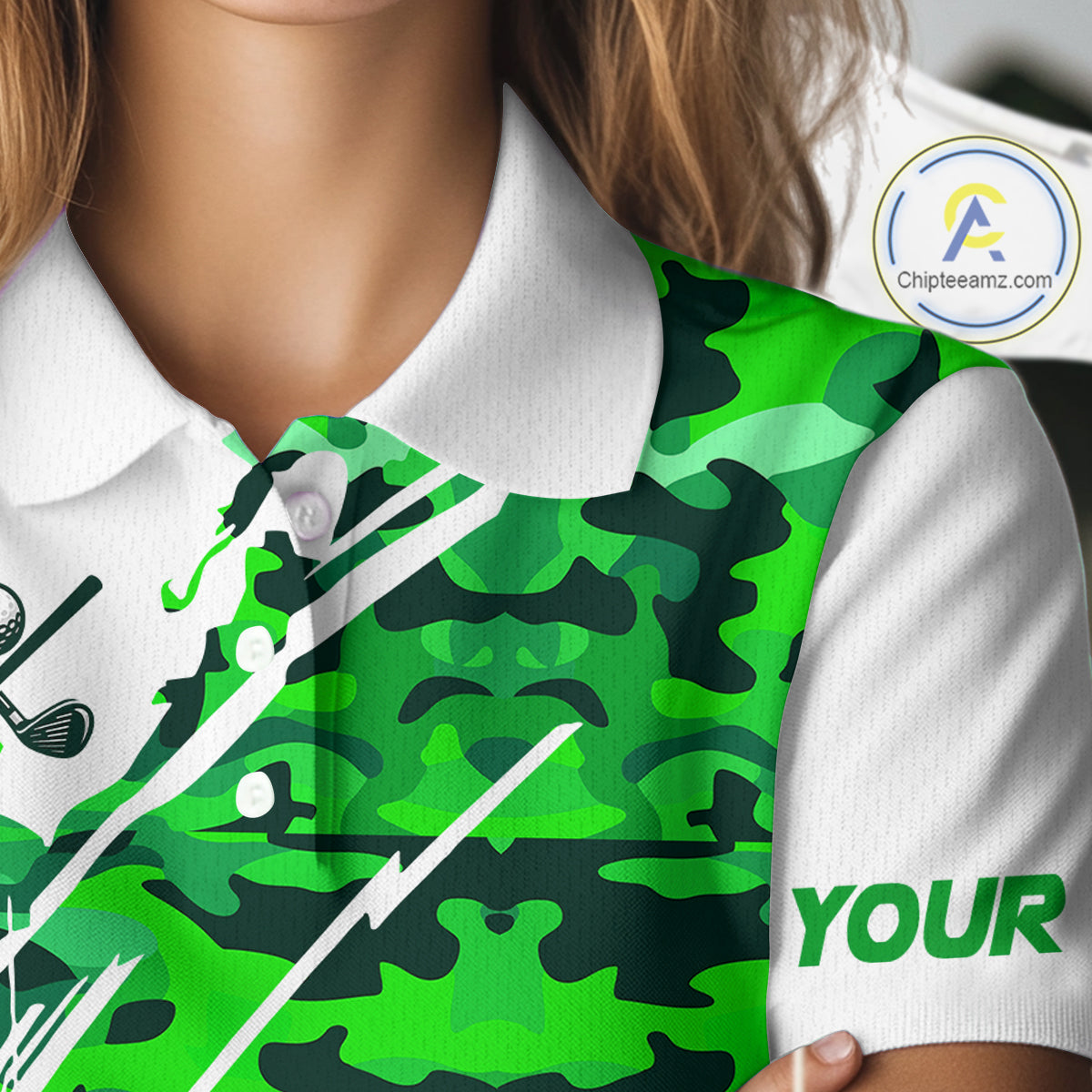 Personalized Women golf polo shirts custom white and green camo ladies golf apparel, golfing gifts NQS10334
