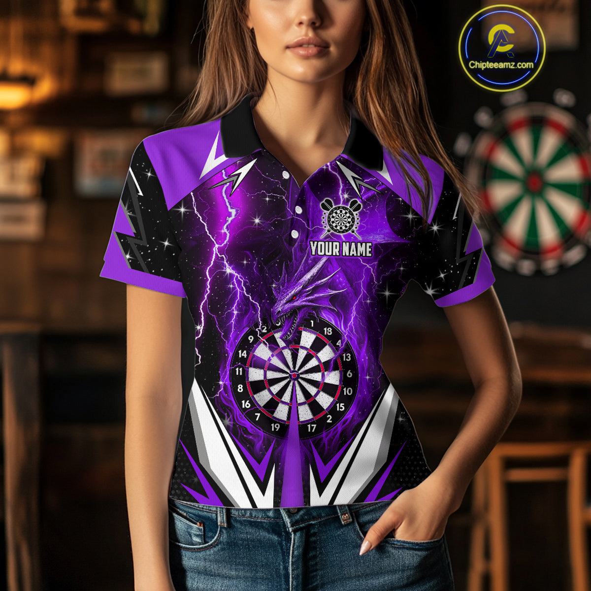 Purple Darts Jerseys Custom Thunder Lightning Dragon Dart Shirt Team Polo & Quarter Zip For Women TDM4316