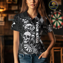 Load image into Gallery viewer, Black Grey Grunge Argyle Skull Dart Shirts Custom Women's Dart Jerseys Team Polo &amp; Quarter Zip TDM3836