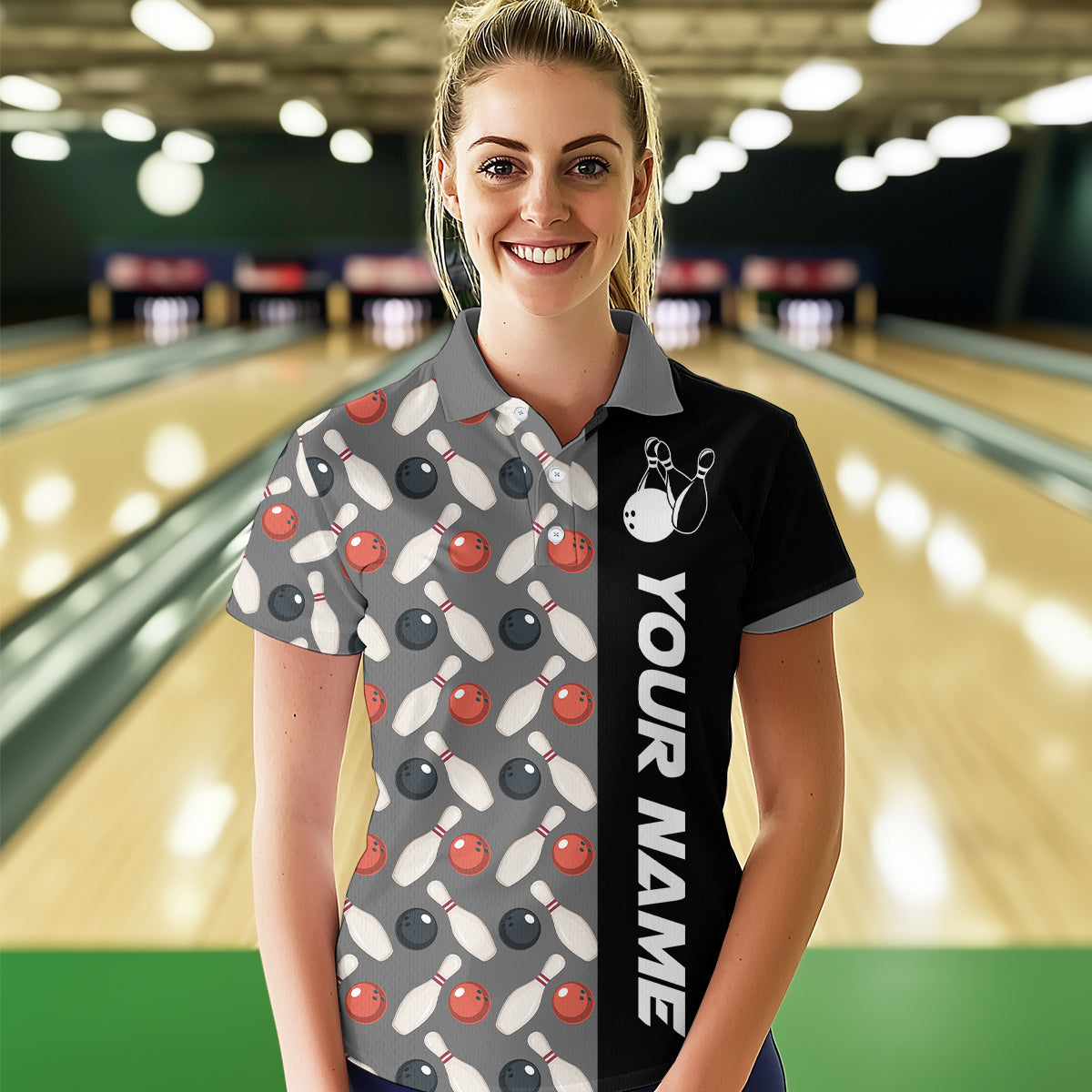 Dark Grey Bowling Pattern Custom Women Bowling Polo & Quarter-Zip Shirts Bowling Team Jerseys HNT45