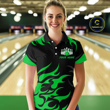 Load image into Gallery viewer, Black and Green Flame Bowling shirts for Women Custom team bowling jerseys, ladies bowling apparel NQS10268
