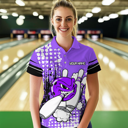 Personalized Purple Funny Crazy Bowling Shirt for Women Polo & Quarter-Zip Bowling Jersey with Team HNT03