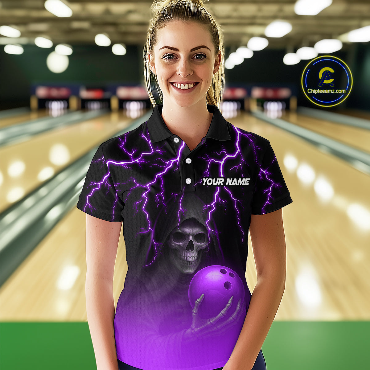 Custom Purple Thunder Skeleton Bowling Jersey for Women Bowling Polo & 1/4 Zip Bowling Team Shirts HNT108