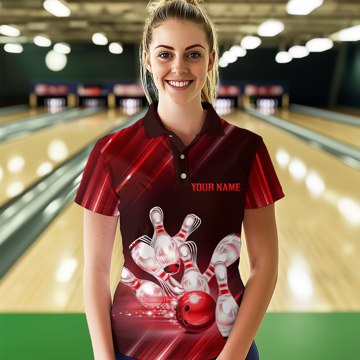 Custom Red Bowling Jersey for Women Bowling Team Shirts Bowling Uniform Polo & 1/4 Zip HNT162