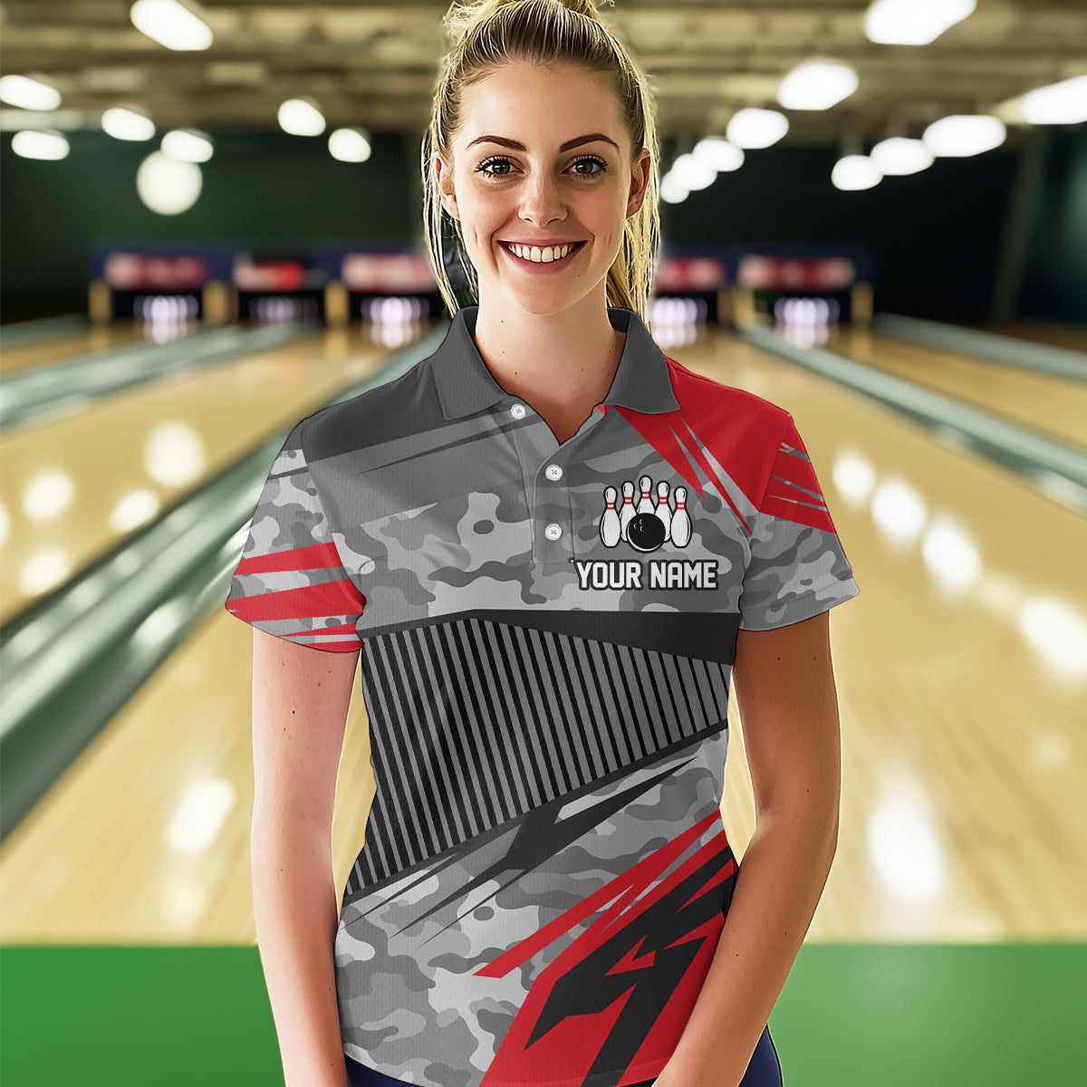 Red Camo Bowling Shirts for Women Men Custom Team Bowling Polo & 1/4 Zip Shirt MBL61