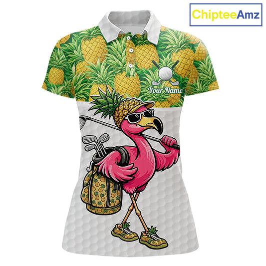 Golfing Flamingo Womens Funny Golf Polo Shirt Custom Yellow Pattern Pineapple Golf Ball Clothes Shirts NHT739