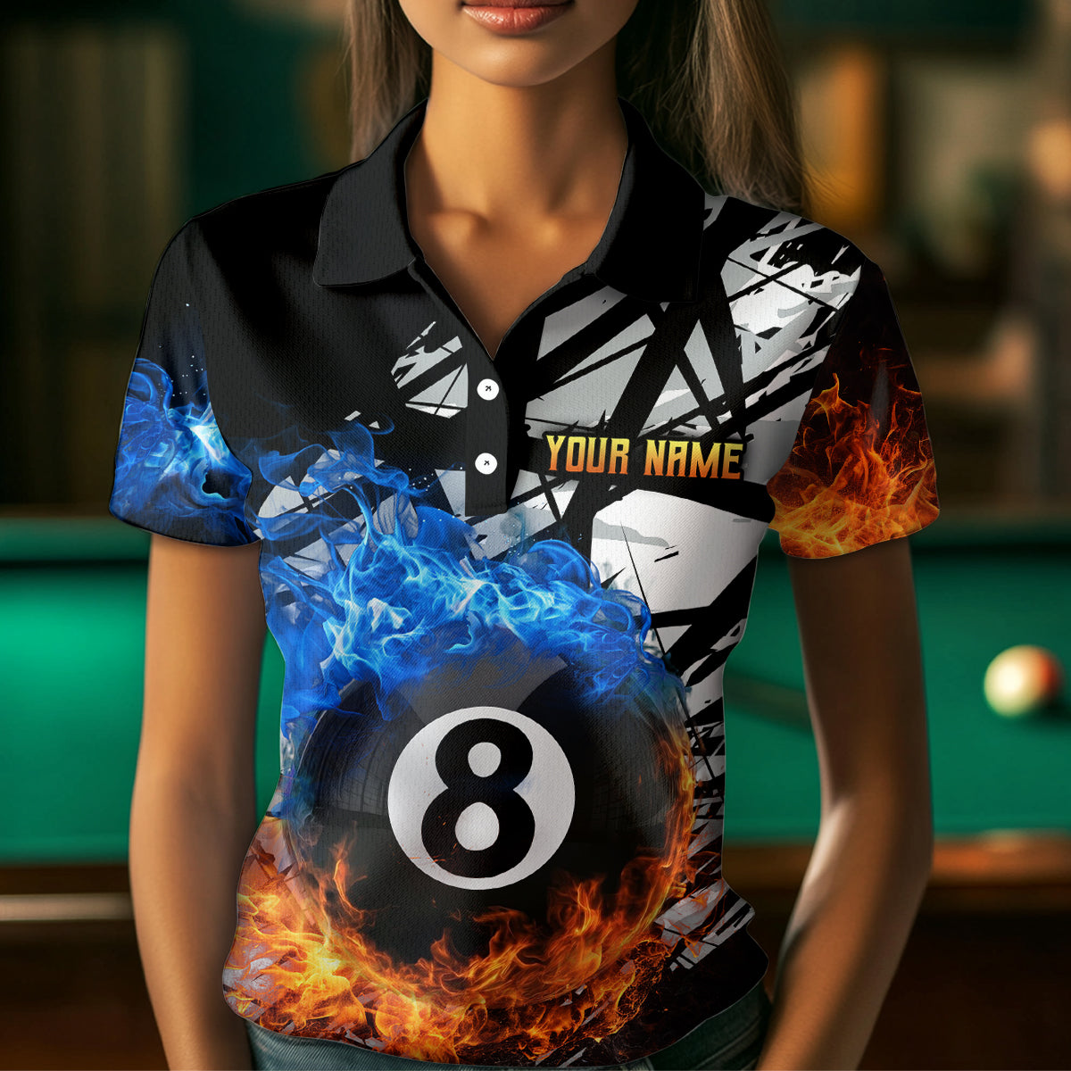 Custom Flame 8 Ball Billiard Shirts for Women Billiard Team Jerseys Polo & 1/4 Zip Shirts NNT46