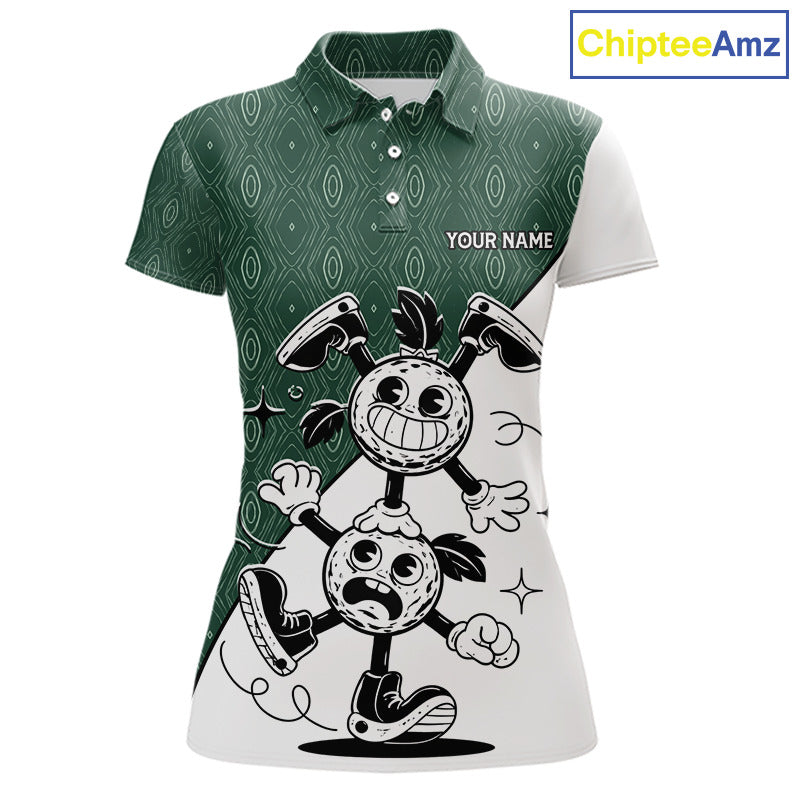 Green White Funny Golf Ball Pattern Womens Golf Polo Shirts Custom Golf Outfits Ladies, Green Golf Tops NHT784
