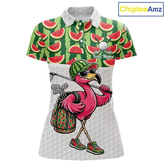 Golfing Flamingo Womens Funny Golf Polo Shirt Custom Green Pattern Watermelon Golf Ball Clothes Shirts NHT740