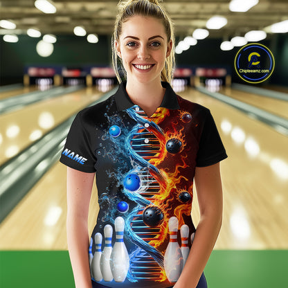 Woman wearing custom ice and fire DNA bowling polo shirt, front view mockup, personalized bowling league jersey.