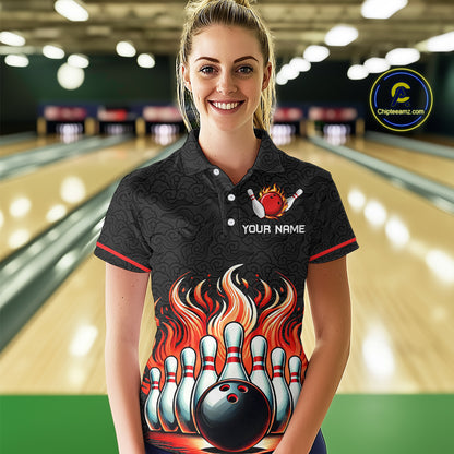 Flame Bowling Custom Women Bowling Shirt Polo & Quarter-Zip Bowling Team Jerseys HNT56