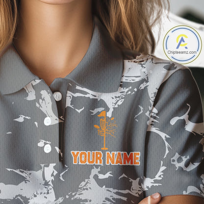 Gray Camo Orange Disc Golf basket Womens Disc golf polo shirt Custom team disc golf jerseys NQS9975