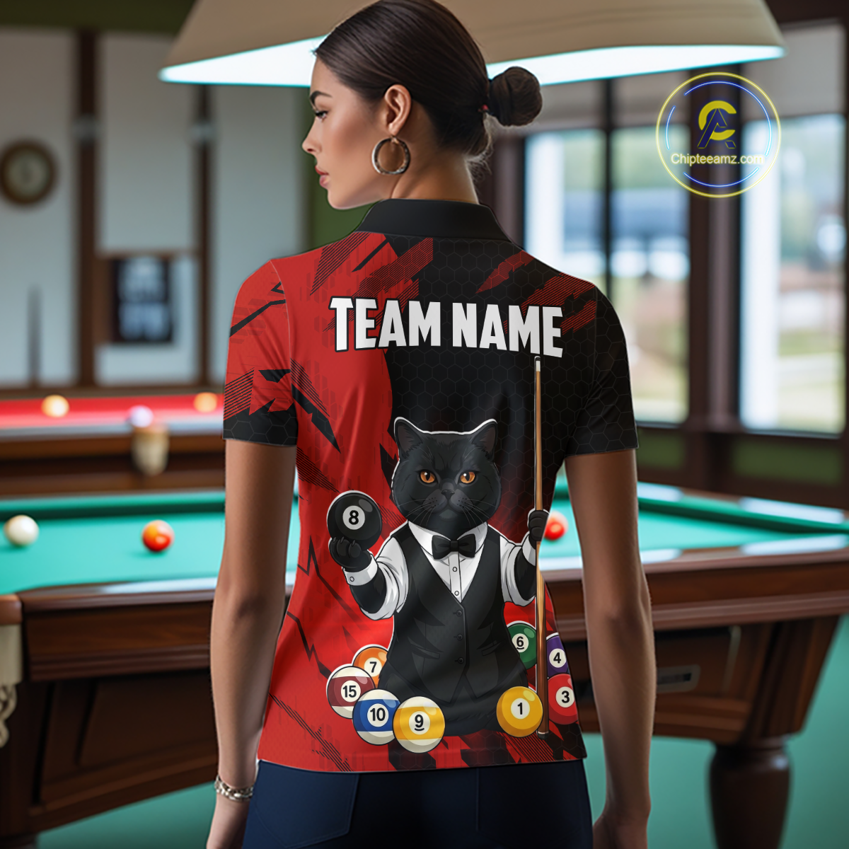 Custom Black Cat 8 Ball Pool Shirts Red Billiard Shirt for Men Billiard Team Jersey Billiard Gift NNT181
