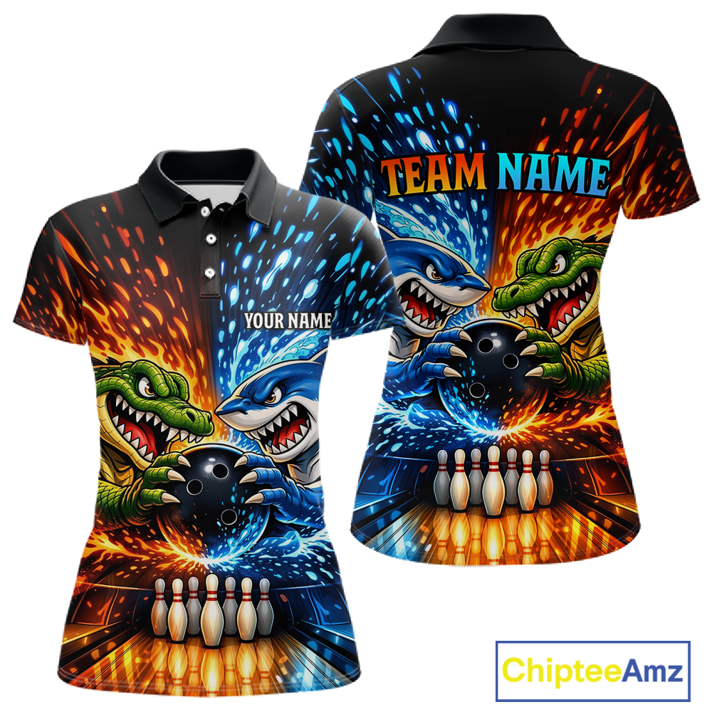 Custom Flame Shark and Alligator Bowling Jersey for Women Bowling Uniform Bowling Team Shirts HNT248