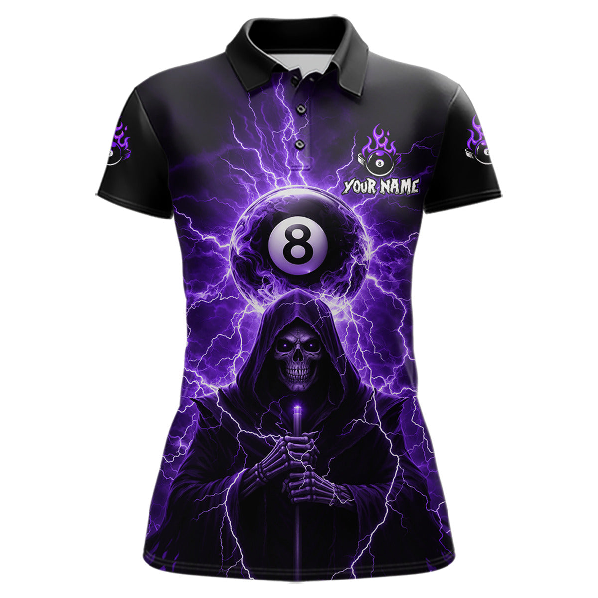 Grim Reaper Thunder Purple 8 Ball Pool Women Polo & 1/4-Zip Shirt Custom Billiards Ball Jerseys NYN2432