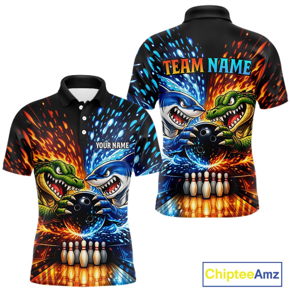 Custom Flame Shark and Alligator Bowling Jersey for Men Bowling Uniform Bowling Team Shirts HNT248