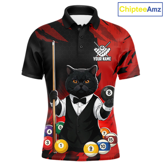 Custom Black Cat 8 Ball Pool Shirts Red Billiard Shirt for Men Billiard Team Jersey Billiard Gift NNT181
