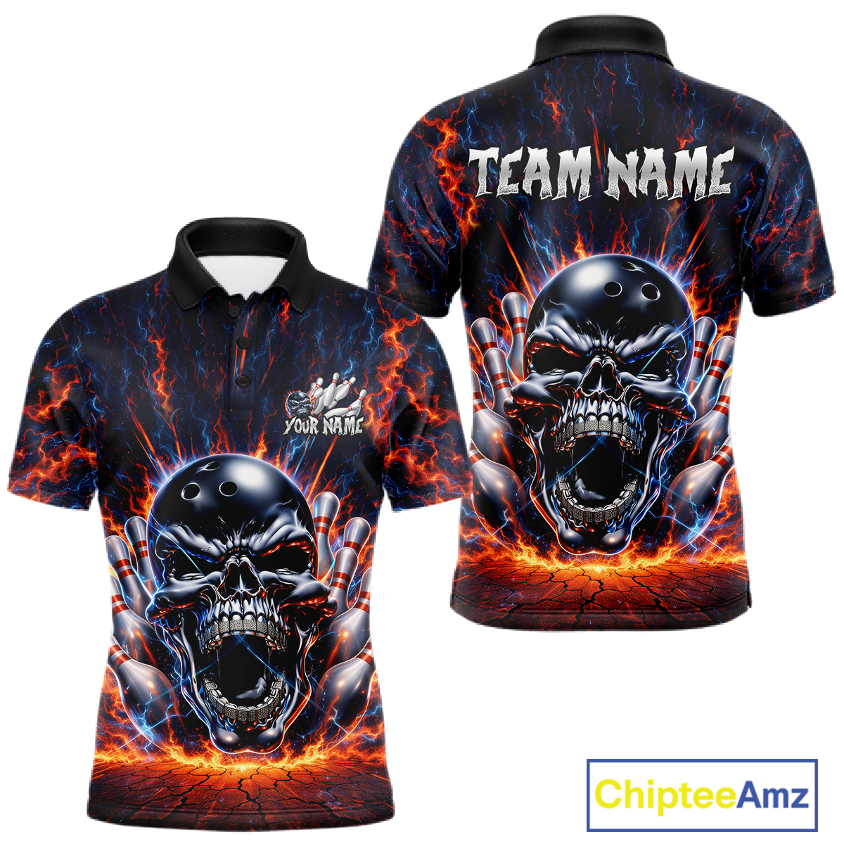 Custom Skull Bowling Jersey for Men - Flaming Strike Personalize Bowling Team Shirt Polo & 1/4 Zip HNT215