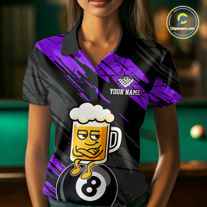 Custom Purple Funny Beer 8 Ball Billiard Shirts for Men Billiard Team Shirts Polo & 1/4 Zip NNT78