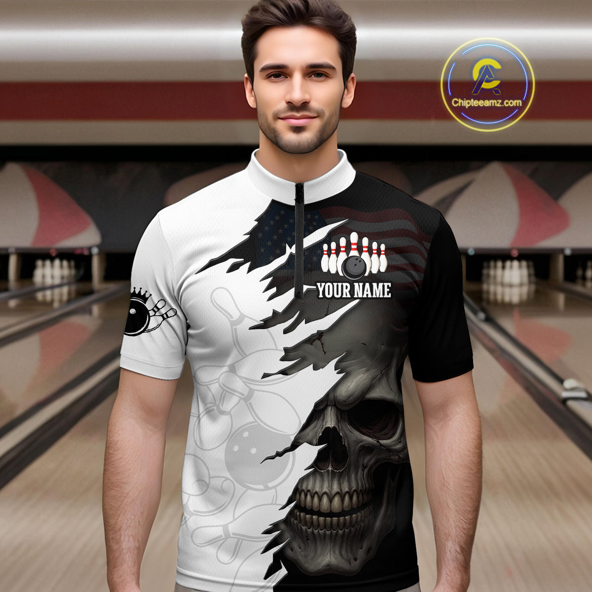 Custom Black White Skull Bowling Jersey for Men Bowling Polo & 1/4 Zip Bowling Team Shirts HNT111