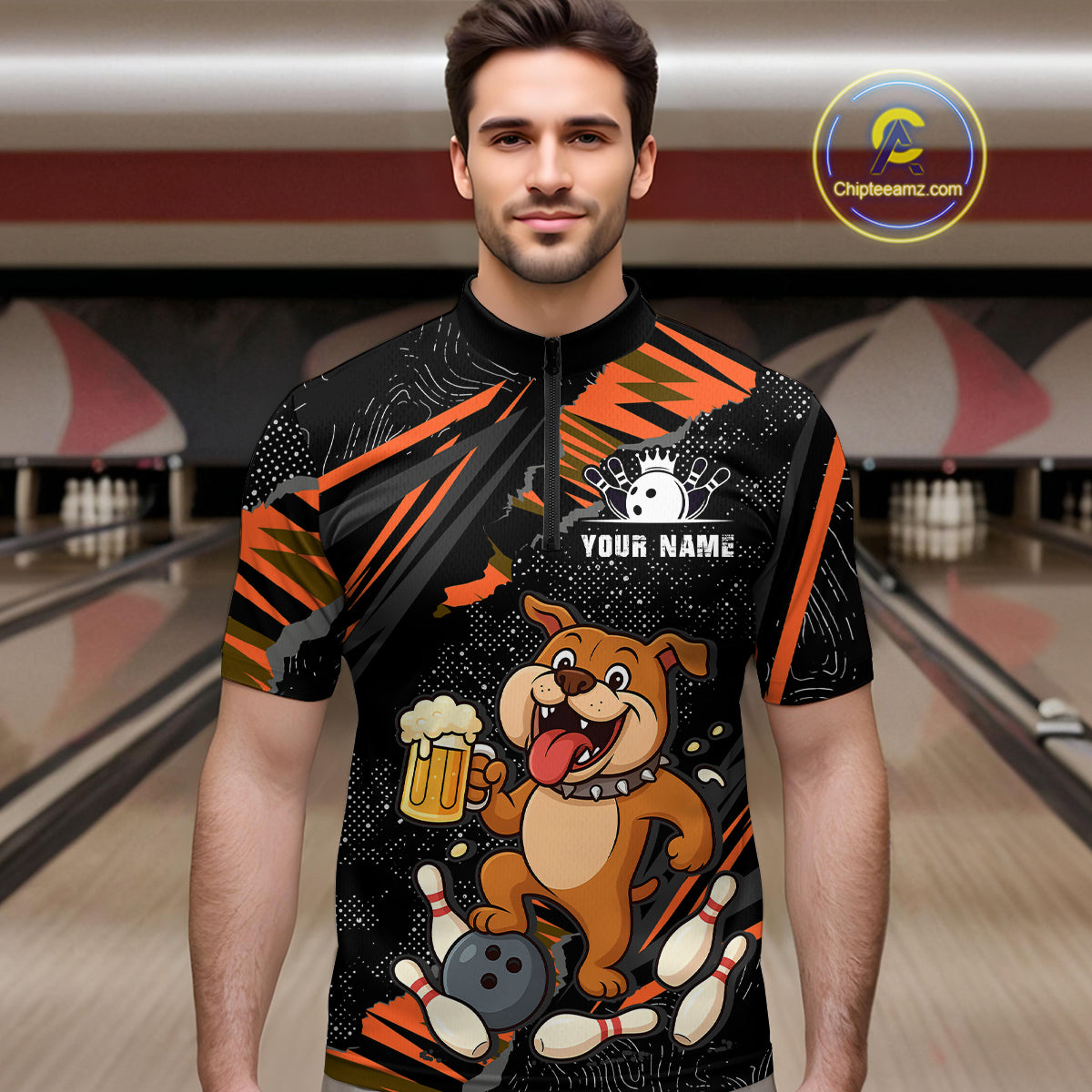 Custom Orange Funny Bulldog & Beer Bowling Shirt Men Bowling Team Jersey League Polo & 1/4 Zip QZT812