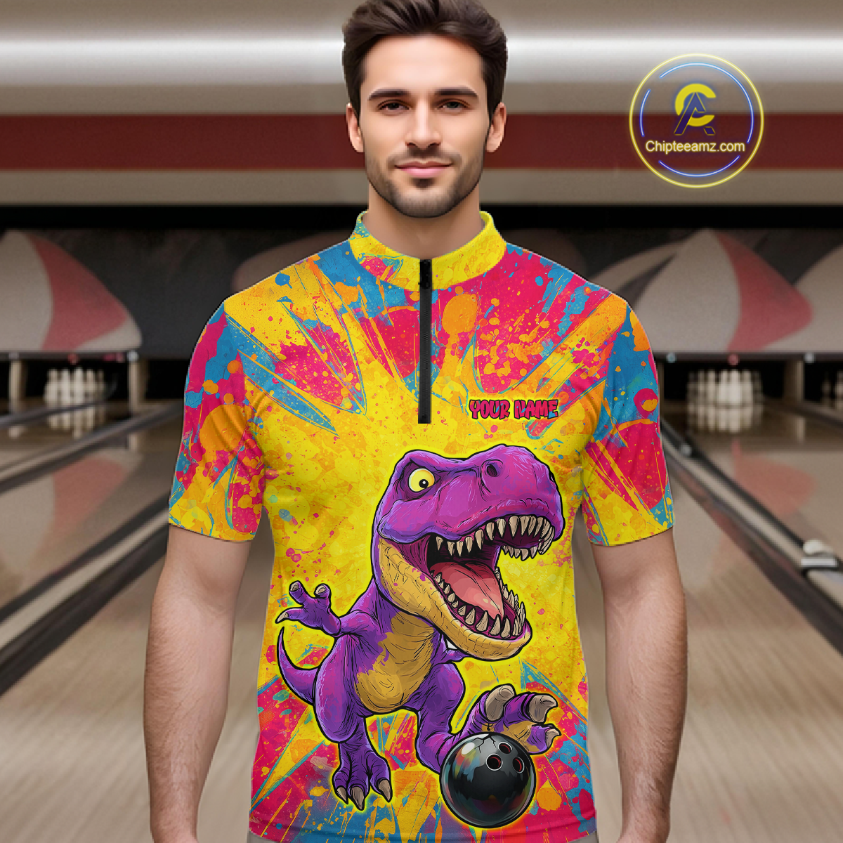 Custom Graffiti Dinosaur Bowling Jersey for Men Unisex Bowling Shirts for Team Polo & 1/4 Zip HNT240