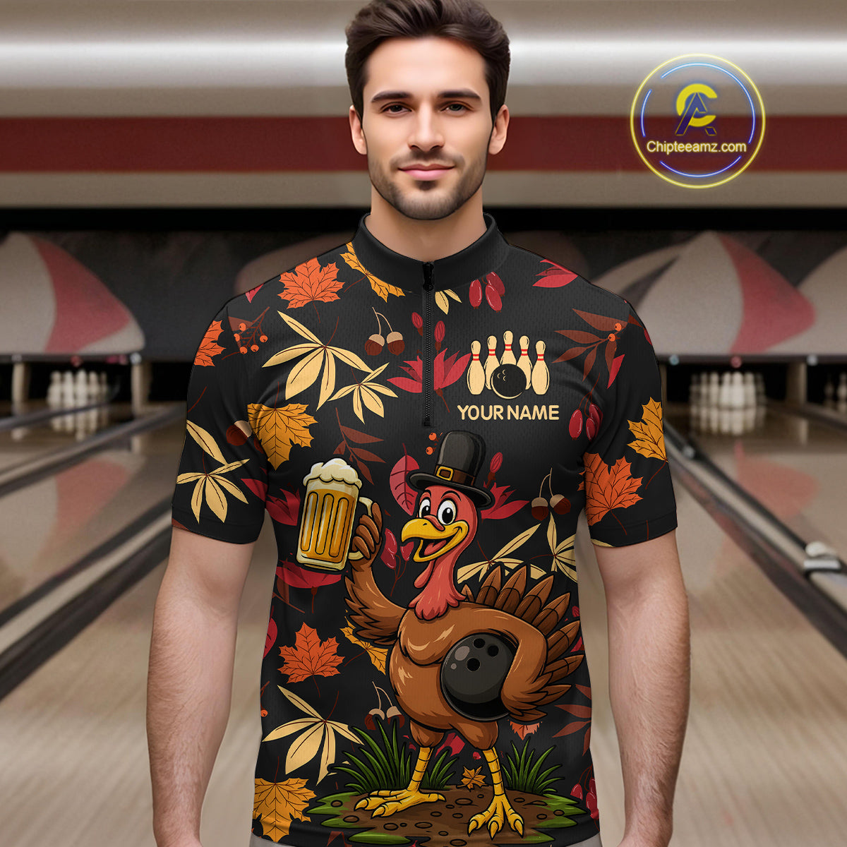 Funny Turkey Bowling Beer Thanksgiving pattern Custom Team bowling jerseys men, bowling gifts for men NQS10963