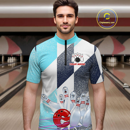 Blue Bowling Shirts for Team Women Men Custom Bowling Polo and 1/4 Zip Shirt MBL226
