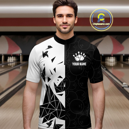 Black & White Bowling Shirts for Women Men Custom Team Bowling Polo&1/4 Zip Shirt MBL174